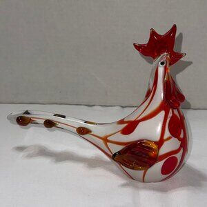 Murano Style Handblown Glass Rooster Figurine Art Glass Red & White #4042